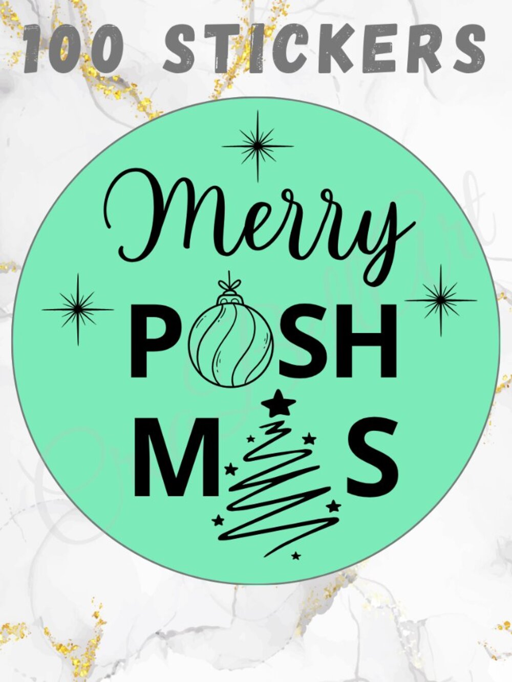 100 thermal Stickers Merry Poshmas 2” Round Labels,